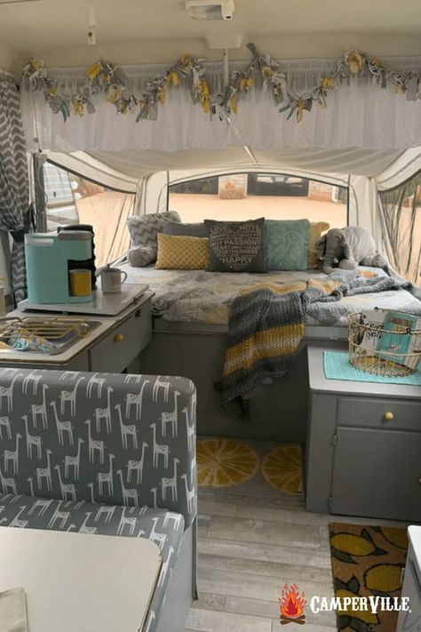 pop up camper remodel before and after Hippy Trailer, Tent Trailer Remodel, Pop Up Camper Remodel, Trailer Hacks, Camper Inspiration, Pop Up Camper Trailer, Camper Restoration, Popup Camper Remodel, Pop Up Tent Trailer