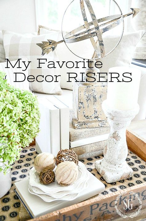 MY FAVORITE DECOR RISERS- Here are some creative and inventive ways to add a little height to your decor! What a difference these ideas will make! #decorrisers, #homedecor, #dishes, #decoratingwithbooks, #homedecorideas, #homedecordiy, #homedecorsimple, #homedecorating Earthy Home Decor, Earthy Home, Trendy Home Decor, Shabby Chic Vintage, Decor Guide, Country Farmhouse Decor, Affordable Home Decor, Décor Diy, French Country Decorating