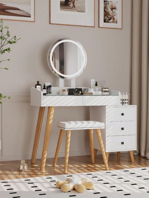 Dressing table with mirror and stool: with special design of the clean glass top, this dressing table is good for you to find out what you need, modern and stylish, simple and practical. With faux leather and padded seat, this vanity stool is soft and comfortable. 5 Drawer Extendable Dressing Table - 2 drawers and 3 drawers, removable side table are great for organizing your jewelry. Enough storage space of 5 large drawers for storing earrings, necklaces, jewellery and other cosmetics, which make your dressing table tidy and clean. Extendable side table can add more storage space and enough space for your legs.Modern Style Vanity Table With Stool, Wood Vanity Table With Extendable Side Table, Dressing Desk For Bedroom, White White    MDF     Furniture, size features are:Bust: ,Length: ,Sle Bedroom Vanity Small, White Bedroom Vanity, Wood Vanity Table, Desk For Bedroom, Storing Earrings, Mdf Furniture, Dressing Table With Mirror, Table Dressing, Stool Wood