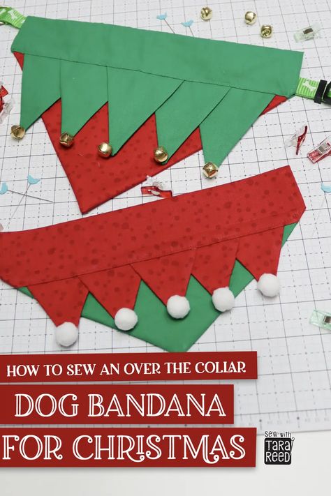 DIY Christmas Dog Bandana will transform any pup into a holiday hound with this easy-to-make over the collar dog bandana. Sewing for pets video tutorial and written directions makes this a great sewing for beginners project. Things To Make For Dogs To Sell, Dog Christmas Crafts Diy Projects, Make Dog Bandana Diy, Dog Scarves Patterns, Sewing Pet Projects, Dog Hat Pattern Sewing, Dog Bandana Pattern Over The Collar, Sewing Dog Collar, Dog Scarf Diy