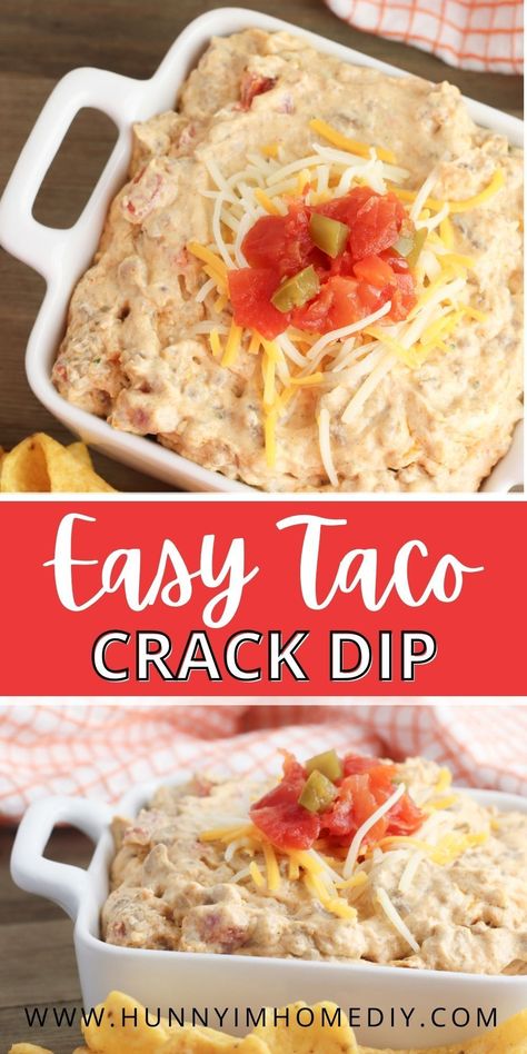 If you need the best easy recipes for game day, you need to make this easy crack taco dip! This Mexican dip is made with just a few ingredients, including cream cheese, taco seasoning, ranch, and sour cream! That makes it perfect for the Super Bowl, tailgating, potlucks, and BBQs! It's a quick and easy low carb and keto friendly finger food idea for any celebration. And this make-ahead appetizer is made with , which means it's gluten free, too! Taco Appetizers Snacks Parties Food, Easy Make Ahead Dips, Camping Appetizers Make Ahead, Ranch Taco Dip, Taco Balls, Ranch Appetizers, Cream Cheese Taco Dip, Mexican Dip Recipes, Cheese Taco