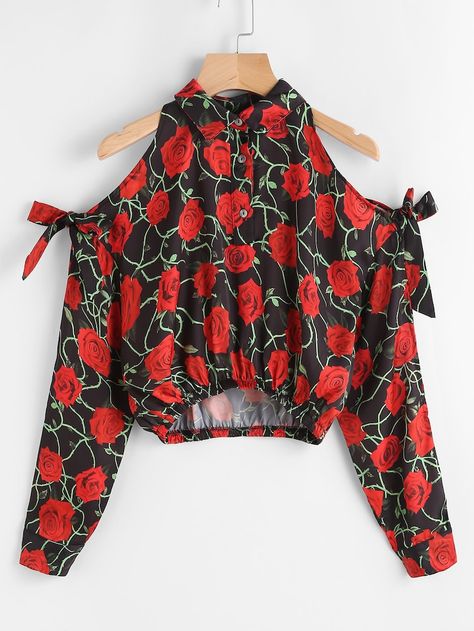 Cheap Rose Print Cold Shoulder Split Sleeve Crop Blouse for sale Australia | SHEIN Fancy Tops, Split Sleeve, Fashion Tops Blouse, Trendy Fashion Tops, Trendy Blouses, Crop Top Outfits, Cute Comfy Outfits, Women Blouses, Fashion Design Clothes