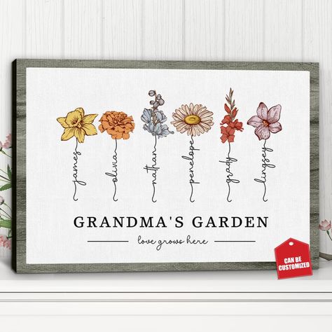 PRICES MAY VARY. 🌻 CHERISH FAMILY BLOOMS: Personalize your space with a stunning Grandmas Garden Canvas featuring your family's birth flowers in a beautifully arranged bouquet, celebrating each member with their names. 🌼 CUSTOM BIRTH FLOWER ART: Capture the essence of your loved ones' birth months with a custom birth flower picture, creating a meaningful and personalized representation of your family's unique story. 🌻 ELEGANT WALL DECOR: Elevate your home decor with this exquisite birth flowe Grandmas Garden Birth Flowers, Diy Presents For Grandma, Grandmas Garden Sign, Flower Bouquet Pictures, Gifts From Grandkids, Flower Garden Pictures, Grandkids Sign, Flower Boquet, Birth Art