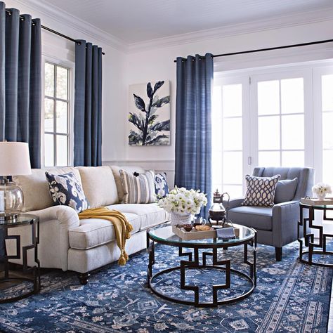 Go bold with blue. #LivingSpaces Blue Curtains Living Room, Blue And White Decor, Blue And White Living Room, White Living Room Decor, Blue Living Room Decor, Living Room Drapes, Drapes For Living Room, Blue Drapes, Living Room Color Schemes