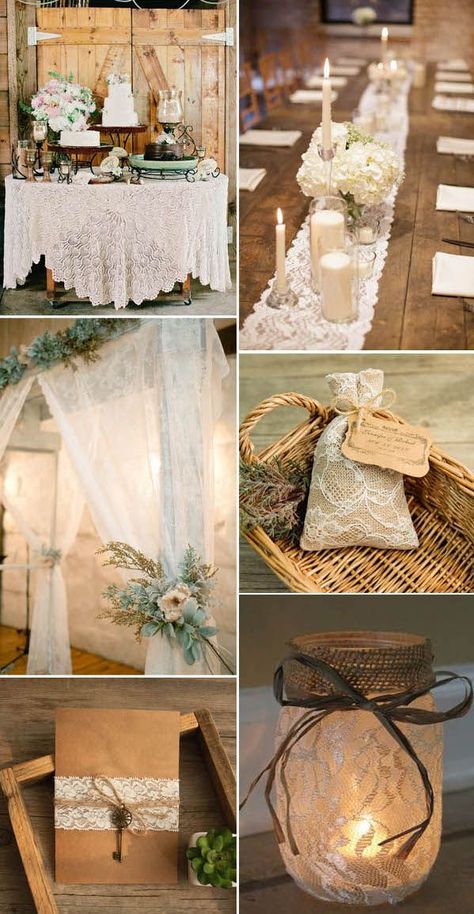 Vintage Country Chic Wedding, Burlap And Greenery Wedding, Lace Wedding Reception, Lace Centerpiece Wedding, Shabby Chic Wedding Table Decor, Vintage Lace Wedding Decor, Lace Themed Wedding, Pearl And Lace Wedding Theme, Leather And Lace Wedding Theme