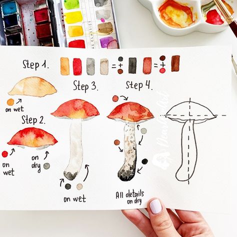 Anna Koliadych | ©DearAnnArt on Instagram: “Hey I’ve created a new tutorial for you 🍂🍁🍄hope it will be helpful😉 .  I have been busy a few last days with my online course and didn’t…” Posca Marker, Step By Step Watercolor, Watercolor Beginner, Learn Watercolor, Diy Watercolor Painting, Watercolor Paintings Easy, Seni Cat Air, Watercolor Painting Techniques, Diy Watercolor