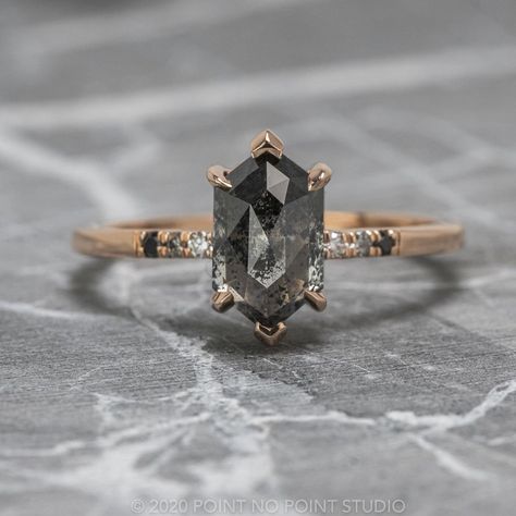 POINT NO POINT STUDIO on Instagram: “2.22 carat black, speckled, hexagon diamond Jules setting engagement ring with ombré diamond accents🤍🖤” Uncut Diamond Ring, Hexagon Diamond, Uncut Diamond, Unique Engagement, Rose Cut Diamond, Unique Engagement Rings, Diamond Engagement Ring, Rose Cut, Diamond Rings