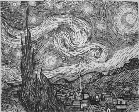 Starry Night Pencil Drawing, Starry Night Sketch, Starry Sky Drawing, Starry Night Drawing, Detailed Tattoos, Mini Portfolio, Van Gogh Drawings, Ink Collage, Sky Art Painting