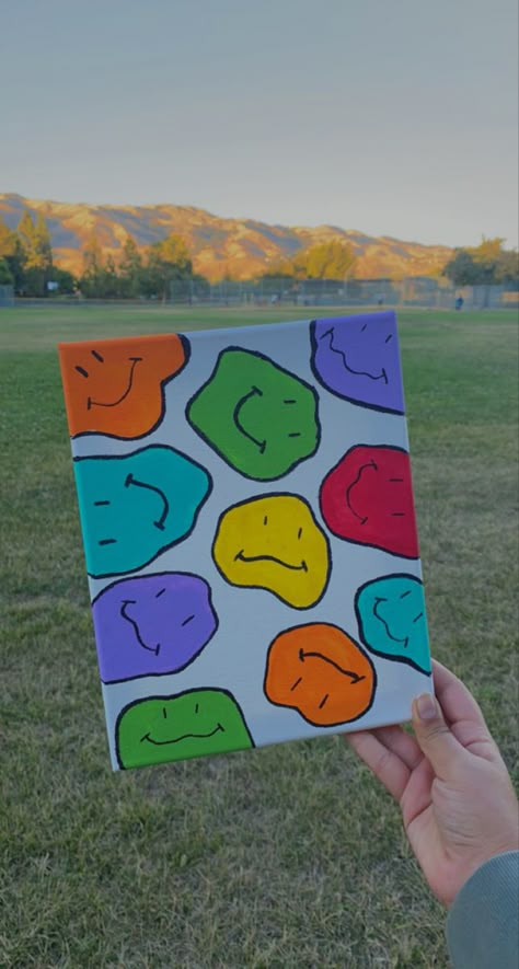 a smiley face painting in the park Smile Painting Aesthetic, Easy Drawing Ideas For Beginners Aesthetic, Easy And Aesthetic Paintings, Easy Drawings Acrylic Paintings, Astethic Painting Ideas, Paintinting Ideas Canvas Aesthetic, Small Paintings Aesthetic, Aesthetic Simple Paintings, Smiley Face Canvas Painting