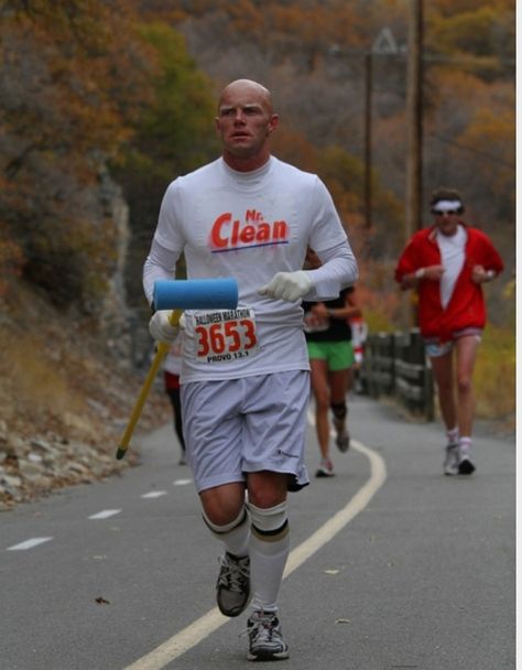 Mr. Clean (note eyebrows). | The 40 Best Worst Runner Costumes Mr Clean Costume, Halloween Running Costumes, Road Kill, Mr Clean, Rise And Run, Running Costumes, Usain Bolt, Diy Halloween Costumes, Diy Costumes