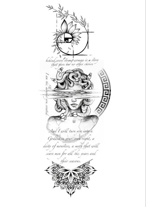 Small Tattoos Arm Sleeve Women, Back Of Neck Tattoo Down Spine, Medusa Tattoo Design Forearm, Leg Sleve Ideas Women, Illusion Tattoo Ideas Woman, Tattoos Medusa, Medusa Tattoo Design, Mystical Tattoos, Greek Mythology Tattoos