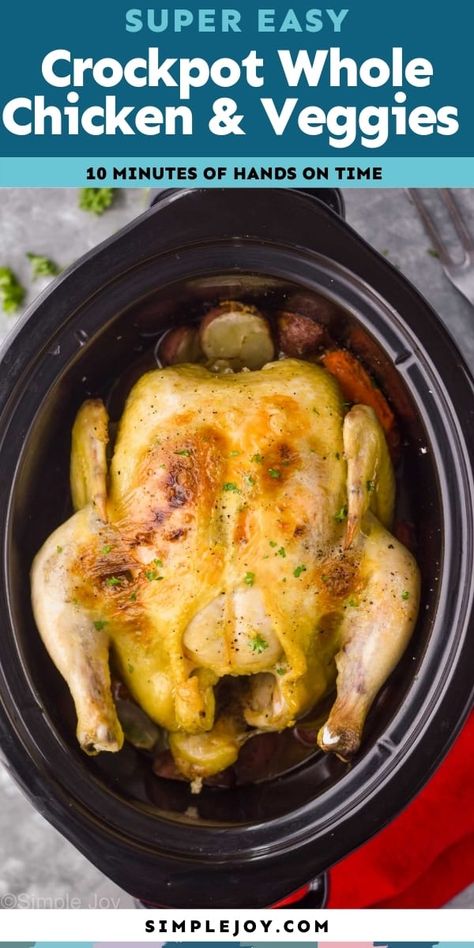 This Crockpot Whole Chicken has 10 minutes of hands on time, and your whole dinner is done in the slow cooker for an easy weeknight meal! Crockpot Whole Chicken, Slow Cooker Whole Chicken, Whole Chicken Recipes, Chicken Recipies, Chicken Meals, Crockpot Dishes, Crock Pot Slow Cooker, Best Chicken Recipes, Crockpot Recipes Slow Cooker