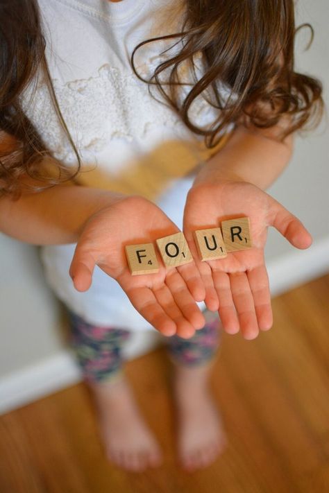 4th birthday photo idea // Four year old birthday photography.  Photo with scrabble letters. Five Year Old Birthday Photoshoot, 5 Year Picture Ideas, Four Year Old Photo Shoot, Birthday Photoshoot For Kids, 5 Year Birthday Photoshoot, Toddler Photoshoot Ideas Indoor, Birthday Photoshoot Ideas Kids, 3rd Birthday Photography, 4th Birthday Pictures