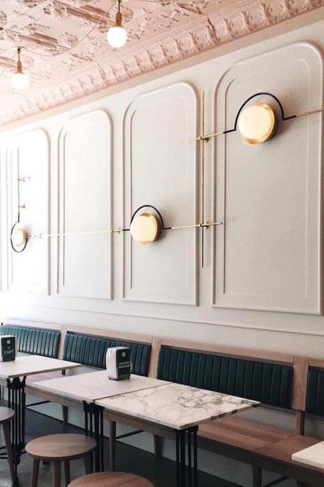 Restaurant Wall Lights, Bistro Interior, Wall Molding Design, Lighting Interior Design, Retro Cafe, Wall Lamp Design, Restaurant Lighting, Cafe Wall, Design Lighting