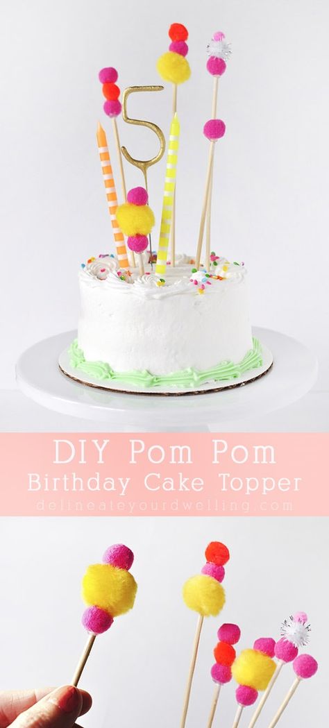 Pompom Cake Topper, Pom Pom Cake Topper, Easy Cake Topper, Easy Cake Toppers Diy, Diy Cake Banner, Homemade Cake Topper, Pom Pom Birthday, Pom Pom Cake, Diy Cake Toppers