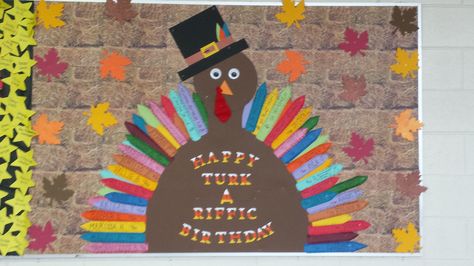 I MADE THIS - November Birthday Board - TURKEY-DAY! November Birthday Board, November Bulletin Boards, Preschool Boards, Birthday Boards, Room Parent, School Environment, Birthday Bulletin Boards, Birthday Bulletin, Birthday Display