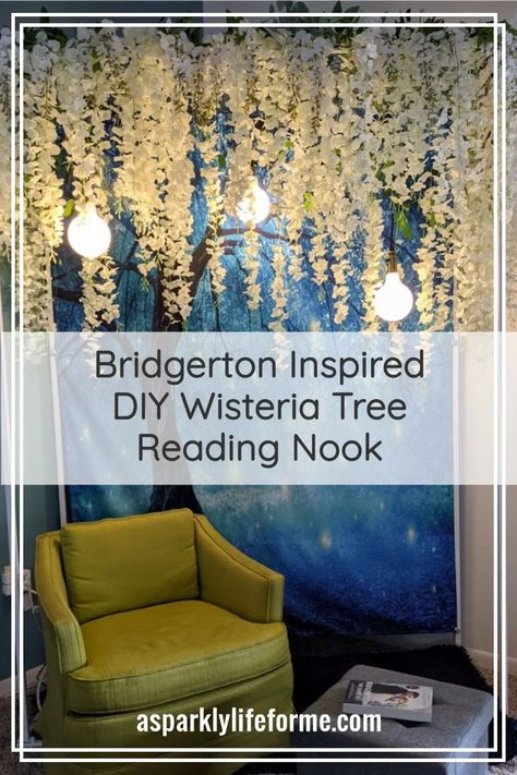 DIY Bridgerton Wisteria Tree Reading Nook with Tapestry Backdrop Tree Reading Nook, Diy Wisteria, Tapestry Backdrop, Wisteria Tree, Bridgerton Inspired, Tree Tapestry, Do It Yourself Crafts, Seasonal Home Decor, Window Painting