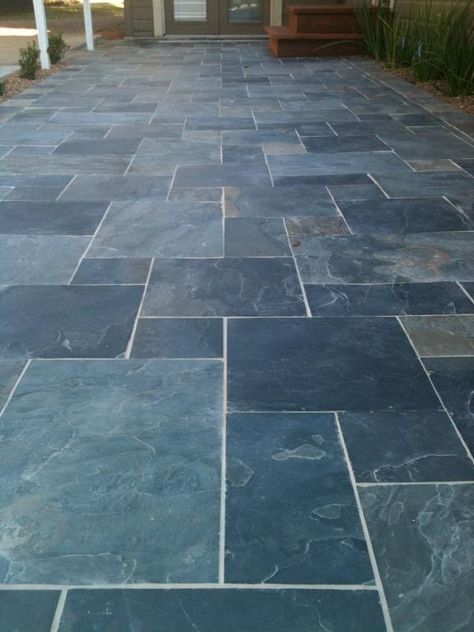 blue Paver Stone Patio, Slate Patio, Slate Tiles, Porch Tile, Patio Steps, Patio Slabs, Outdoor Remodel, Patio Tiles, Floor Tile Design