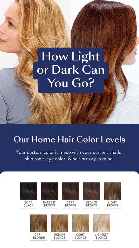 Curious to know how light or dark you can go with your custom hair color? Our handy guide on Color Mastery is here to help! Best At Home Hair Color, Beown Hair, Best Drugstore Hair Dye, Dark To Light Hair, Home Hair Color, Reddish Brown Hair Color, Box Hair Dye, Reddish Brown Hair, Home Hair