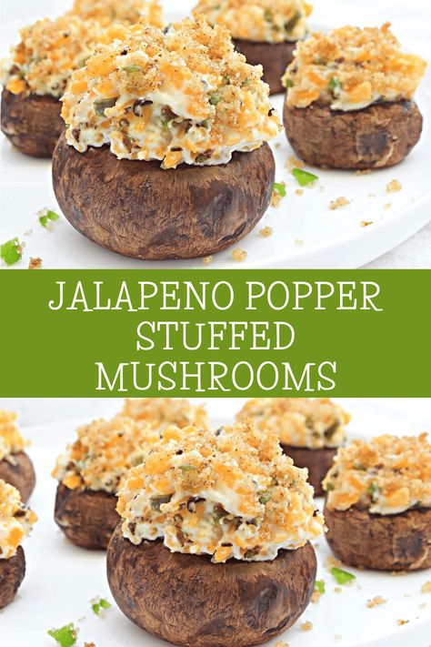 Jalapeno Popper Stuffed Mushrooms ~ Baked mushrooms stuffed with creamy dairy-free cheeses, jalapeno pepper, and buttery breadcrumb topping. Serve as an easy holiday appetizer or game day snack! via @thiswifecooks Cream Cheese Jalapeno Poppers, Vegan Jalapeno Poppers, Vegan Stuffed Mushrooms, Mushrooms Stuffed, Breadcrumb Topping, Vegan Cheddar Cheese, Cheese Stuffed Mushrooms, Baked Mushrooms, Holiday Appetizers Easy