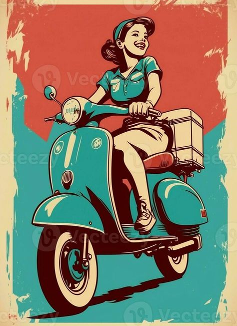 Vintage retro poster, woman on a moped. Advertising poster 50s, 60s, coffee sale. Grunge poster. AI Generated 60s Advertisements, 50s Advertisements, 60s Advertising, Vintage Ads 1950s, Coffee Sale, Grunge Posters, 60s Design, Vintage Advertising Posters, Retro Graphics