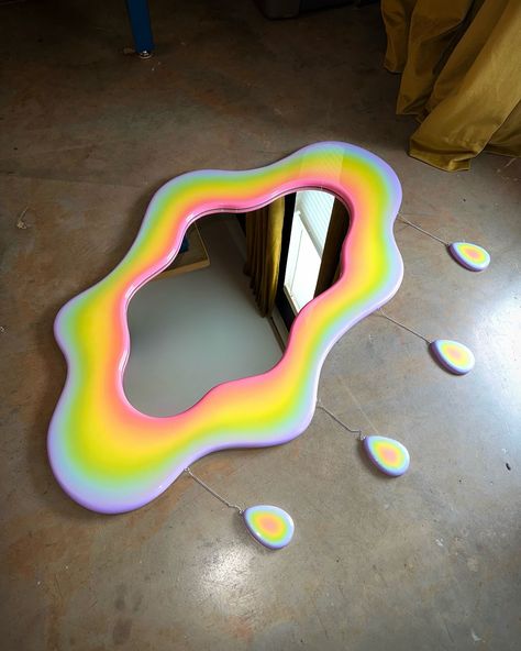 This rainbow 🌈 gradient definitely put my skills to the test, but was so fun to paint! @rayeanarobinson requested a cloud-like shaped mirror with some sort of rainbow gradient and this is what we came up with! And of course I had to add the 💧. Such a pleasure ☺️ Thanks for looking 👁️💋👁️ #commission #rainbow #raindrops #rainbowgradient #gradient #gradientart #airbrush #airbrushart #airbrushartist #woodworking #woodworker #mirror #custom #custommirror #atlanta #atlantaartist #hotglood #homed... Rainbow Stuff, Rainbow Raindrops, Rainbow Mirror, Cloud Mirror, Painting Mirror, Atlanta Artist, Shaped Mirror, Big Mirror, Rainbow Gradient