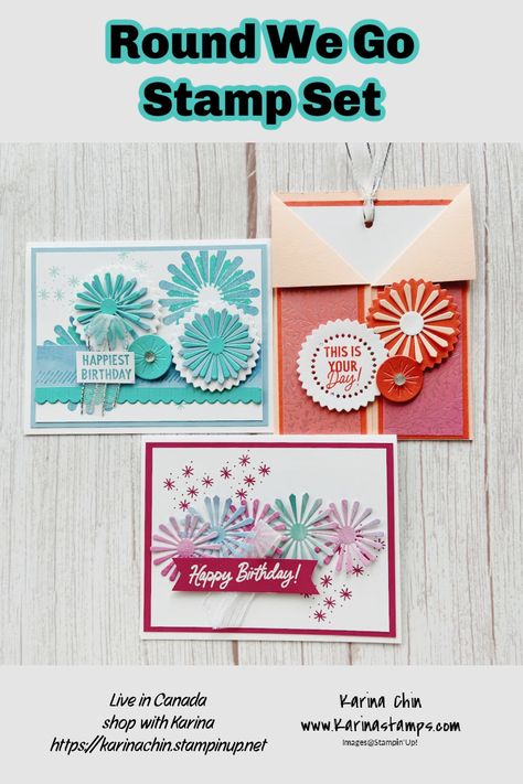 Create beautiful cards for all occasions with the fun Round We Go stamp set and dies. I made a step by step video tutorial sharing how to make these cards. Live in Canada? I'm happy to help you get these products. Round We Go Dies Stampin Up Cards, Su Round We Go Cards, Su Round We Go, Round We Go Stampin Up Cards, Geometric Cards, Dawns Stamping Thoughts, Handmade Cards Diy, Ctmh Cards, Beautiful Cards