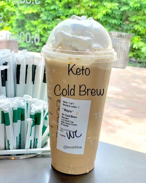 Sunday treat 😋 . Keto Blended Cold Brew👌 . Tag a friend that’s new to keto and would love this drink idea 🥳 . How to order- May I have a… Keto Cold Brew Coffee, Sugar Free Starbucks Drinks, Low Carb Starbucks Drinks, Low Carb Starbucks, Keto Coffee Recipe, Iced Starbucks Drinks, Healthy Starbucks Drinks, Keto Drinks, Low Carb Drinks