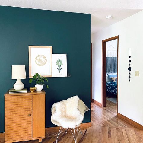 inspiration_0001_Deep Space 0487 _ 1 Teal Accent Wall, Boy Room Themes, Teal Accent Walls, Mid Century Modern Farmhouse, Teal Living Rooms, Paint Color Ideas, Teal Paint, Paint Color Inspiration, Teal Walls