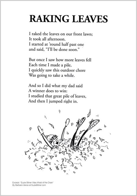 cute Fall Children's poem about raking leaves in Autumn. Great for classroom reading activities. common core  1st grade,  2nd grade,  3rd grade reading #ESL Poems About Fall, Children Poems, Fall Poems, Shared Reading Poems, Silverstein Poems, Shel Silverstein Poems, Worksheets For Adults, School Poetry, Beware Of The Dog