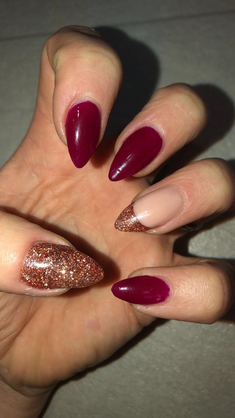 Something a little different deep red with copper glitter Wine Nails With Glitter, Gold Red Nails, Nails With Glitter, Wine Nails, Copper Glitter, Red Nails, Glitter Nails, Deep Red, Red Gold