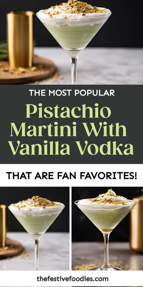 This Vanilla & Pistachio Martini recipe is the epitome of indulgence, combining the rich, savory notes of pistachios with the comforting warmth of vanilla Pistachio Liquor, Martini With Vanilla Vodka, Pistachio Martini Recipe, Simple Martini, Christmas Martini Recipes, Martini Recipes Vodka, Drink Recipies, Cocktail Drinks Alcoholic, Martini Recipe