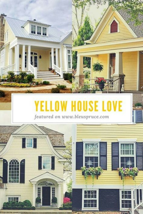 House Colors to Love Yellow House Exterior, Farmhouse Exterior Colors, Exterior House Siding, Blue Doors, Blue Shutters, Doors Ideas, Farmhouse Paint Colors, Siding Colors, Door Paint Colors