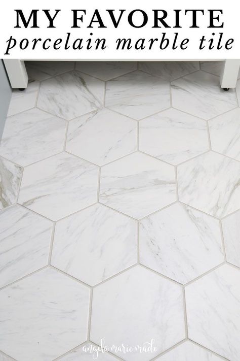 A review of my favorite porcelain marble tile! Answering common questions about the tile, the installation process, and how I feel about it 10 months later after installing it on the floor of our master bathroom. Porcelain Tile Marble Look Bathroom, Hexagon Marble Tile Bathroom, White Hexagon Tile Bathroom, Marble Tile Bathroom Floor, Hexagon Tile Bathroom Floor, Hexagon Tile Bathroom, Hexagon Marble Tile, Marble Porcelain Tile, Octagon Tile