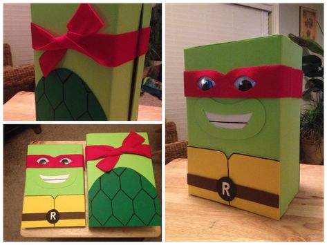 This is the Ninja Turtle Valentine box we made as a family project.  There is a hole in the top to put valentines in, and you can still take the lid off to get everything out. Turtle Valentine Box Ideas, Decorated Shoe Boxes, Valentine's Boxes, Valentine Box Ideas, Kids Valentine Boxes, Valentine Card Box, Valentine Mailbox, Valentine Day Boxes, Valentines Crafts