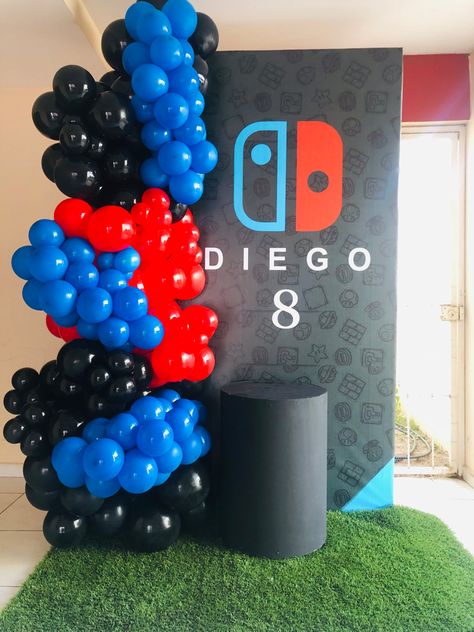 Nintendo Switch Backdrop, Switch Theme Party, Nintendo Switch Balloon Garland, Nintendo Switch Themed Birthday Party, Nintendo Switch Party Decorations, Nintendo Party Decorations, Switch Birthday Party Ideas, Nintendo Party Ideas, Nintendo Switch Birthday Party