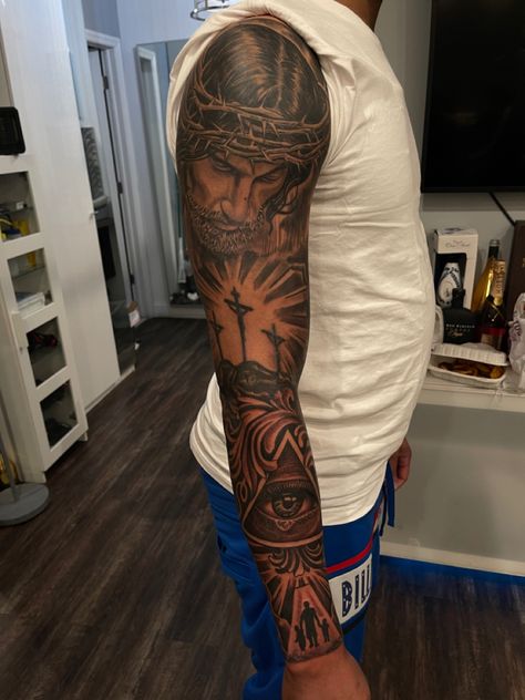 Outter Arm Tattoo Men Sleeve Black, Black Men Arm Tattoos Sleeve, Green Tattoo On Dark Skin, Arm Tattoo Men Sleeve, Eye Forearm Tattoo, Half Sleeve Tattoos For Guys Upper Arm, Inside Forearm Tattoo Men Sleeve, Black Jesus Tattoo, Quarter Sleeve Tattoo For Men