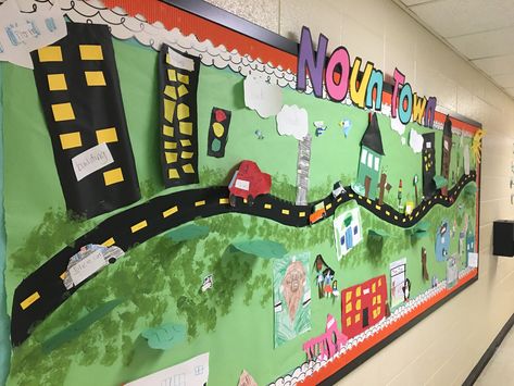 We created a town and labeled all of the nouns Town Themed Classroom, Noun Bulletin Board Ideas, Noun Town Project, Noun Town, Nouns First Grade, Word Work Kindergarten, Pbl Projects, Book Tasting, Kindergarten Social Studies