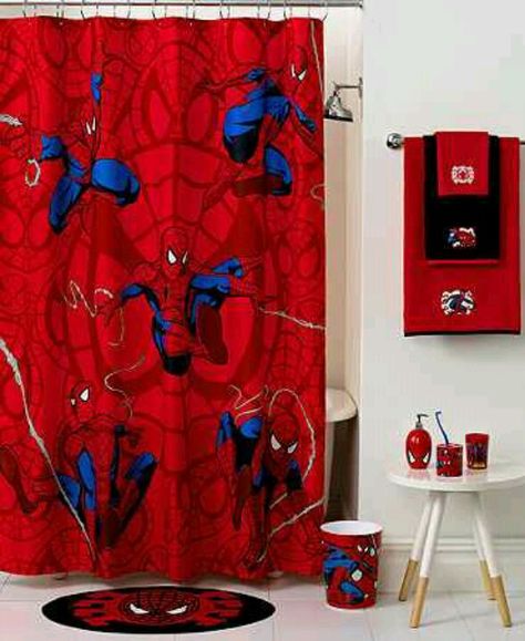 Spiderman Bathroom Spiderman Sense, Spiderman Bathroom, Superhero Bathroom Decor, Spiderman Themed Bedroom, Marvel Bathroom, Spiderman Room Decor, Navy Blue Shower Curtain, Superhero Bathroom, Spiderman Bedroom