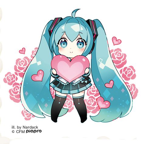 Nardack, Vocaloid, Hatsune Miku, Holding Object, Pleated Skirt, Flower (Symbol) Miku Hatsune Chibi, Miku Hatsune Vocaloid, Chibi Girl, Chibi Characters, Chibi Drawings, Manga Cosplay, Cute Chibi, Kawaii Art, Anime Kawaii