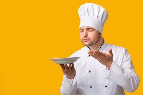 Chef Pictures, Empty Plate, Chef Humor, Background Studio, Professional Chef, Studio Shoot, Yellow Background, Thumbs Up, Chef's Jackets