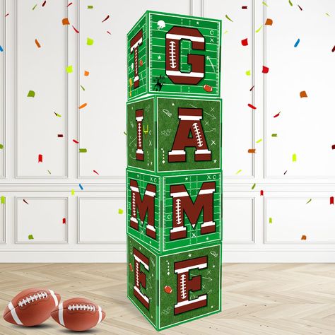 PRICES MAY VARY. 【Football Party Decorations】Brighten up your football party with these football boxes decorations! These balloon boxes are coloured brown and green. Boxes are printed with various football themed slogans and designs ,it combines by yard number of the field and some football patterns, such as touchdown, American football, American football helmet etc, and printed with letters of "GO TEAM" "GAME TIME" "TOUCH DOWN", which are easy to attract people's interest and attention. 【Packag Football Theme Decoration Ideas, Game Day Party Decorations, Football Tailgate Party Decorations, Football Party Ideas Decorations, Football Tailgate Birthday Party, Kids Football Parties Target, Football Party Balloons, Chiefs Decor, American Football Party