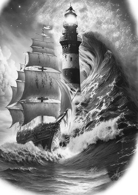 Ship Storm Tattoo, Lighthouse And Ship Tattoo, Stormy Sea Tattoo, Pirate Boat Tattoo, Poseidon Tattoo Design, Lighthouse Tattoo Design, Ship Tattoo Sleeves, Ocean Theme Tattoos, Pirate Ship Tattoos