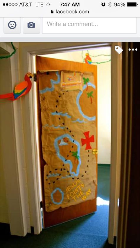 Pirate Vbs Decorations, Treasure Decorations, Vbs Treasure Theme, Pirates Crafts, Pirate Map Craft Preschool, Treasure Hunt Vbs, Treasure Island Vbs, Pirate Display Board, Pirate Treasure Map Craft