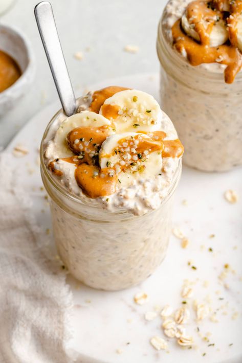 Healthy Overnight Oats Banana, Overnight Oats Banana Peanut Butter, Overnight Oats Healthy Peanut Butter, Oats Banana Peanut Butter, Overnight Oats Banana, Peanut Butter Banana Overnight Oats, All The Healthy Things, Oats With Yogurt, Healthy Overnight Oats