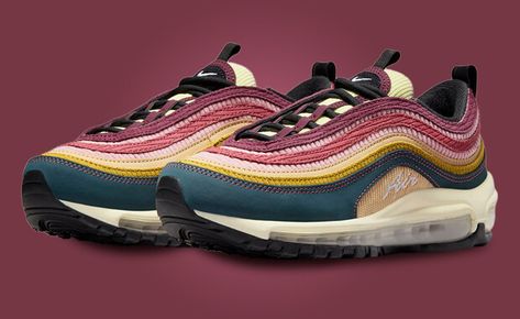 The women's exclusive Nike Air Max 97 Cordairoy features vibrant pastel hues. Find release info and images here. Sean Wotherspoon, Sneaker Release, November 9, Latest Sneakers, New Sneakers, Pastel Hues, Nike Air Max 97, Blue Suede, Black Rubber