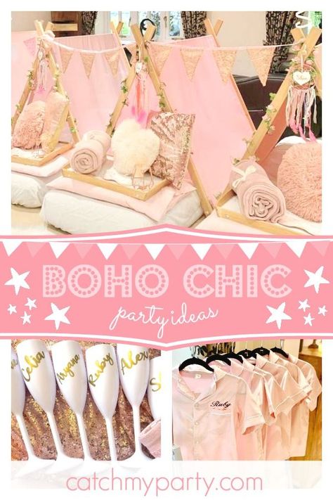 Boho Slumber Party, Boho Sleepover Party, Slumber Party Teepee, Teepee Tent Sleepover Party Diy, Teepee Tent Sleepover Party, Girls Tent, Pink Teepee Sleepover, Sleepover Party Favors, Boho Chic Party