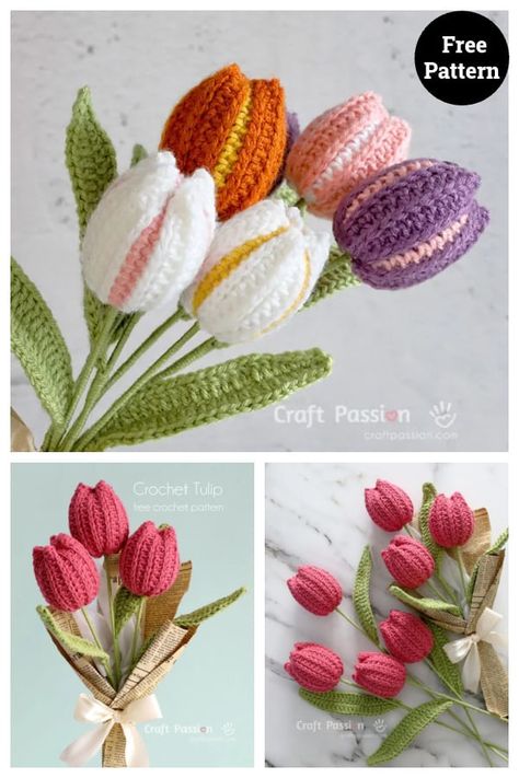 Crochet Realistic Flowers Free Pattern, Crocheted Tulips, Beautiful Amigurumi, Crochet Free Patterns, Crochet Flowers Easy, Crochet Flowers Free Pattern, Crochet Bouquet, Crocheted Flowers, Crochet Plant