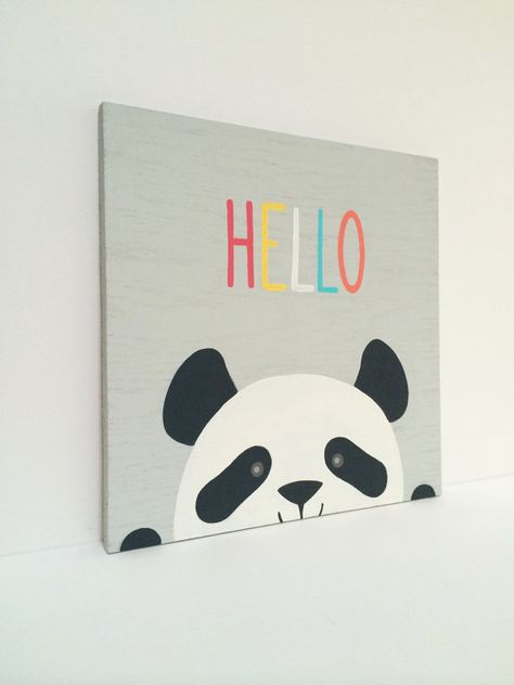 Gender Neutral Nursery Animals, Modern Nursery Wall Art, Art Mini Toile, Panda Nursery, Black And White Nursery, Mini Toile, Panda Painting, Animal Nursery Art, Hello Sign