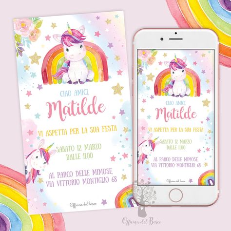 Birthday 1 Year, Birth Pictures, Unicorn And Rainbow, Invitation Party, Invite Friends, Party Favor Tags, Party Kit, Year 2, Digital Invitation